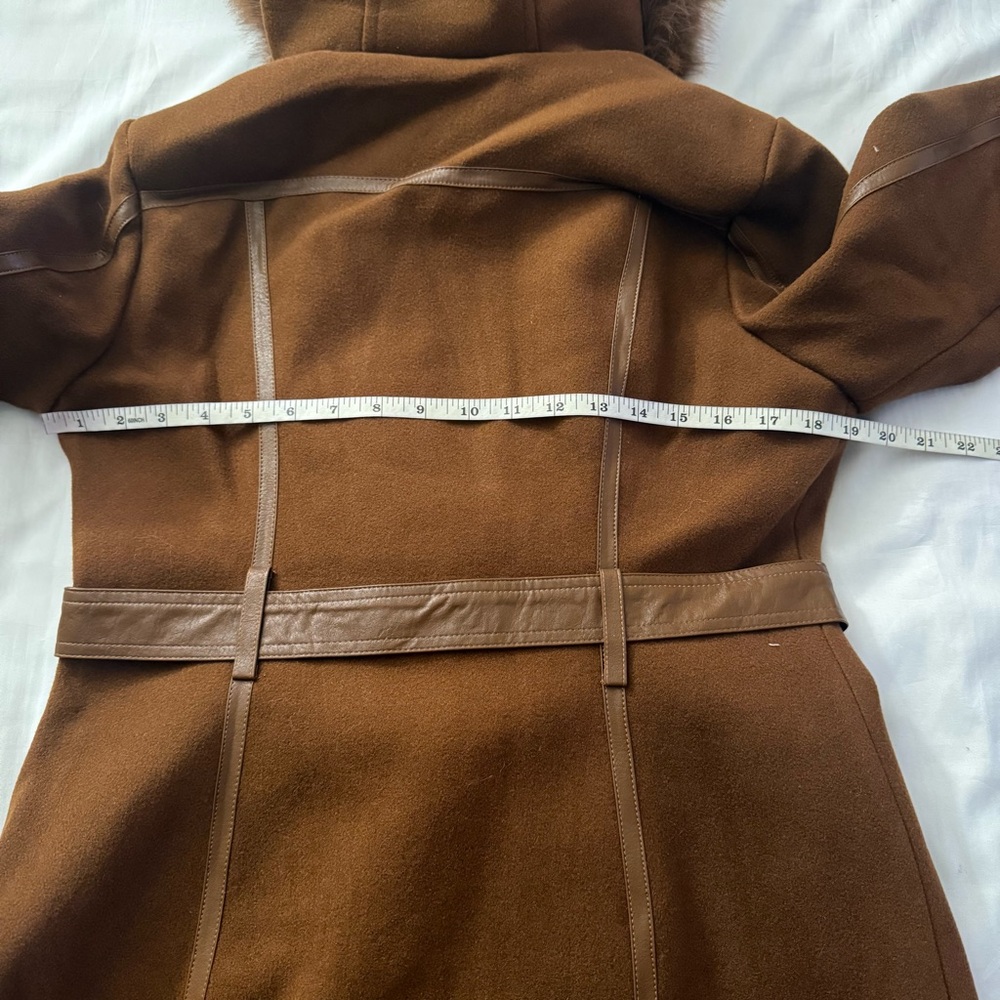 Brown faux fur belted hooded pea coat with faux leather trims - Picture 9 of 11